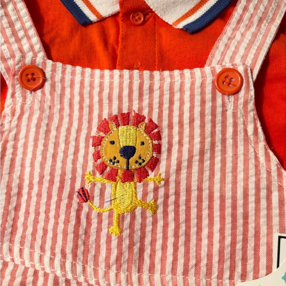 Nursery Rhyme 2 Piece overalls 3-6 Months, Red Stripes Embroidered Animals - Picture 2 of 7